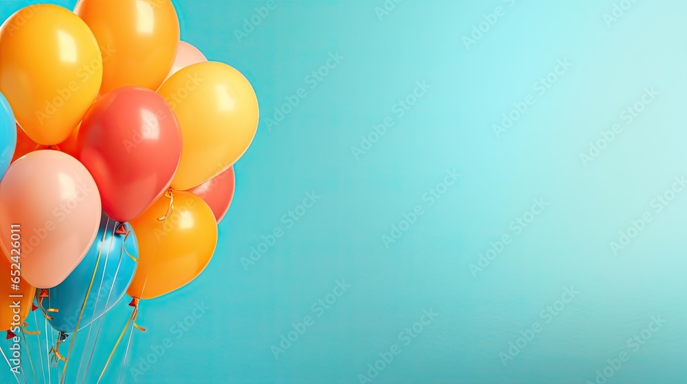 Poster a bunch of colorful balloons floating on a blue background with a place for text. generative ai