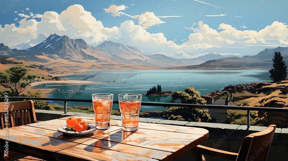 Poster a painting of a table with two glasses of water and oranges on it. generative ai