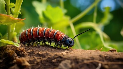  a red and black caterpillar crawling on a plant.  generative ai