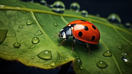 Fototapeta premium a lady bug sitting on top of a green leaf covered in water droplets. generative ai