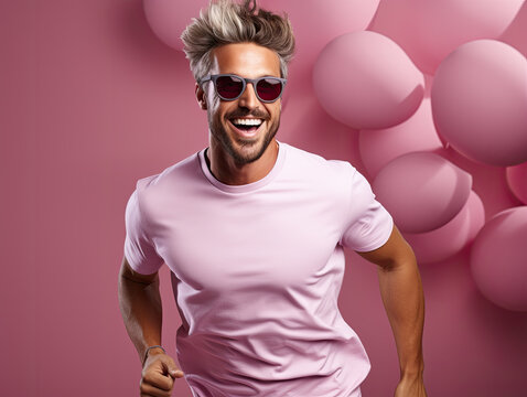To an amazing summer sale on a pink color background, a pleasant guy in a t-shirt and pants is running in a full-size photo, appearing satisfied.