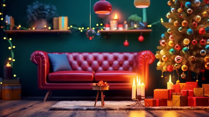 Merry Christmas and happy New Year greeting card with copy-space. Cozy living room with a decorated Christmas tree