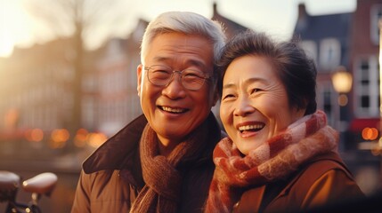 Amsterdam travel destination. Tourist joyful Asian senior citizens couple on sunny day looking at beautiful cityscape. The concept of traveling to different parts of the world. Merry Christmas - obrazy, fototapety, plakaty