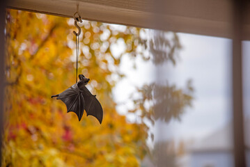Rubber bat flying with leaf bokeh background