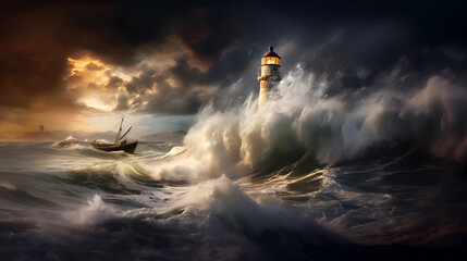Illustration of a boat sailing towards the lighthouse during a storm