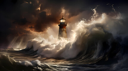 Illustration of a boat sailing towards the lighthouse during a storm - obrazy, fototapety, plakaty