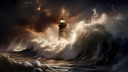Fotobehang Illustration of a boat sailing towards the lighthouse during a storm © Aleh Varanishcha