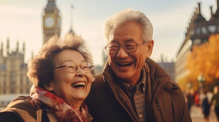 London travel destination. Tourist joyful Asian senior citizens couple on sunny day looking at beautiful cityscape. The concept of traveling to different parts of the world. 