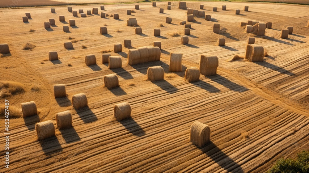 Poster a large field of hay bales in the middle of a field. generative ai