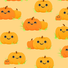 Orange Halloween seamless pattern with cute smiling pumpkins