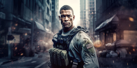 US soldier in the desert during the military operation turning to combat helicopter approaching covering his eyes. Backup is coming