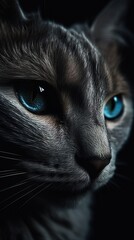 closeup vertical portrait of a tabby cat with blue eyes on black background