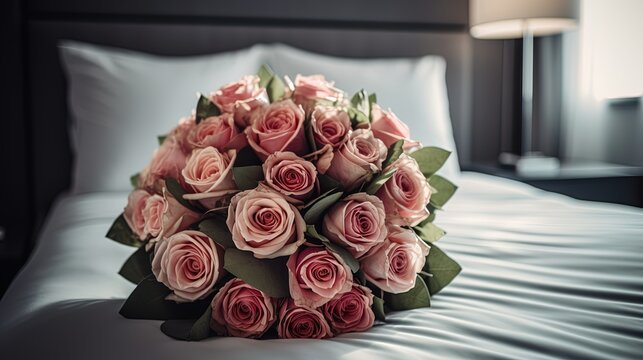 closeup image of a luxurious bouquet of pink roses lies on a bed in a hotel