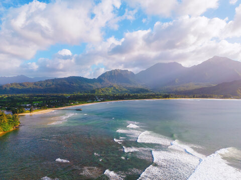 Aerial view of Hanalei bay and Beach, Kauai Hawaii USA