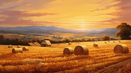  a painting of hay bales in a field at sunset.  generative ai - obrazy, fototapety, plakaty
