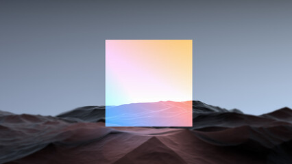 Neon glowing square on a rocky mountain surface, futuristic abstract landscape, minimal. Bright glowing neon square on mountain rocks, wallpaper. 3D render