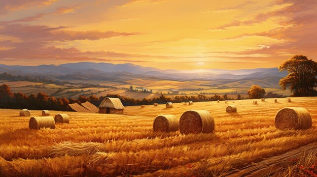  a painting of hay bales in a field at sunset.  generative ai