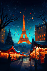 Illustration of the city of Paris at Christmas, France - obrazy, fototapety, plakaty