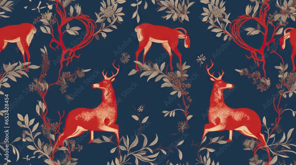 Poster a pattern of red deers and leaves on a blue background. generative ai