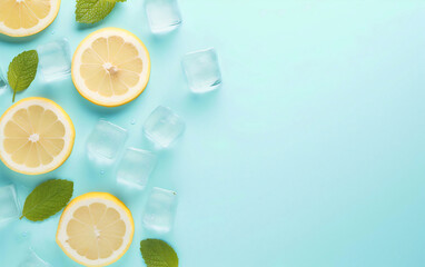Lemon slices with mint leaves and ice cubes on blue background