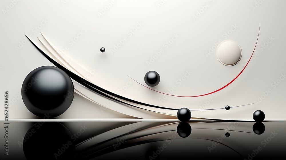 Poster a black and white abstract background with balls and a curve. generative ai
