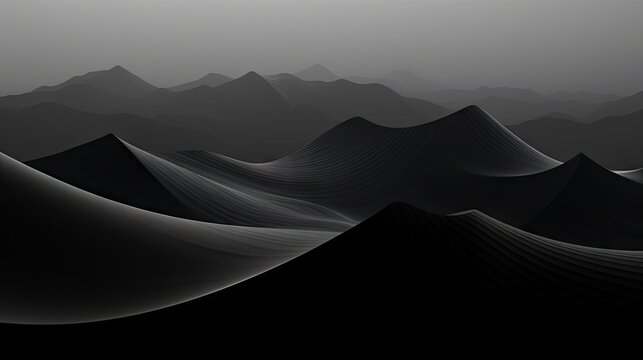  a black and white photo of a mountain range in the distance.  generative ai