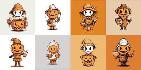 Halloween vector collection of scarecrow drinking from cup, 8 characters
