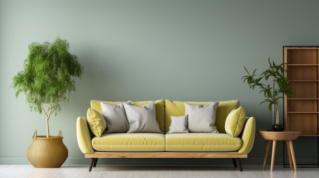 Yellow sofa and wooden table in living room interior with plant, clean wall.