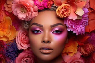 beautiful and stunning model in tropical flowers fashion makeup