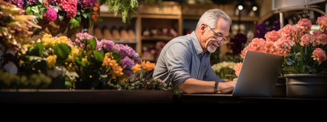 Portrait of senior man entrepreneur sitting in own flower shop, working on laptop. - obrazy, fototapety, plakaty