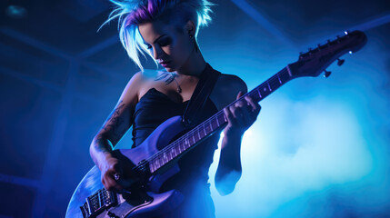 Young female musician playing guitar at a rock concert - obrazy, fototapety, plakaty