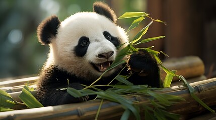 closeup view of cute and adorable baby panda eating bamboo in happy mood, lovely zoomed shot of...