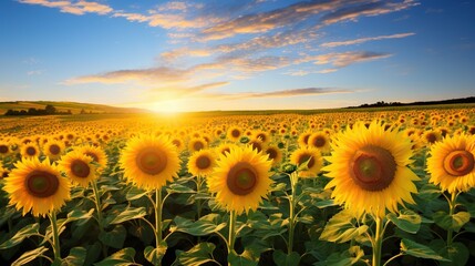 Fototapeta premium a field of sunflowers with the sun setting in the background. generative ai