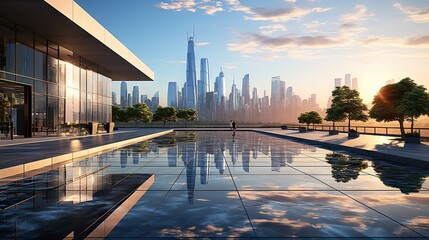  a city skyline is reflected in a large pool of water.  generative ai