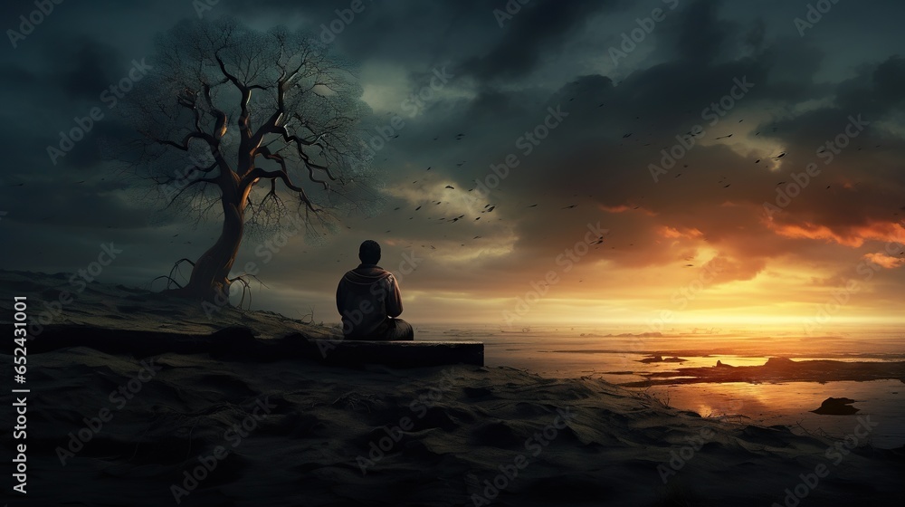 Poster a person sitting on a bench in front of a tree. generative ai