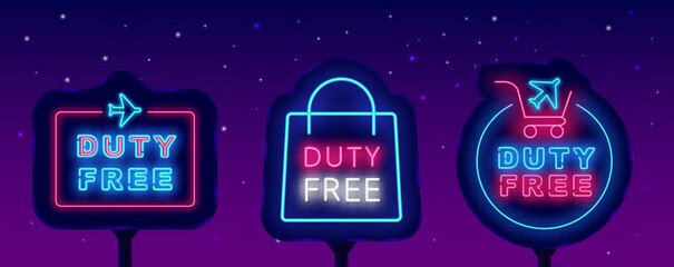 Duty free neon street billboards collection. Glowing outdoor advertising. Circle frame with plane. Vector illustration