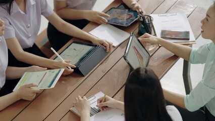 University after classroom campus, college professor teacher and asian students discuss, teamwork share ideas knowledge and thoughts - Powered by Adobe