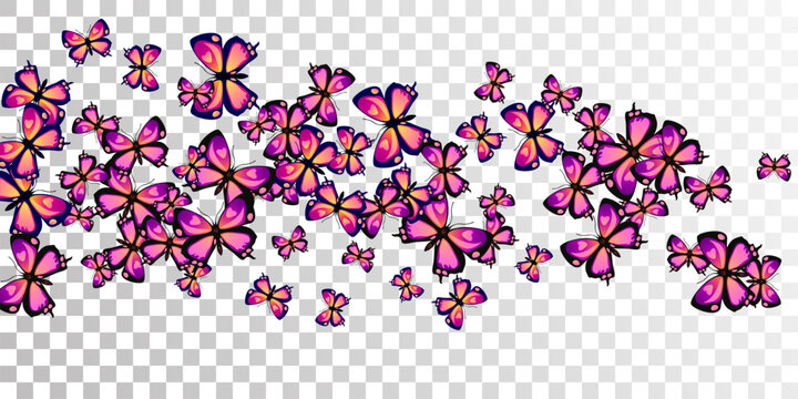 Magic purple butterflies flying vector wallpaper. Summer little insects. Decorative butterflies flying girly background. Delicate wings moths patten. Garden creatures.