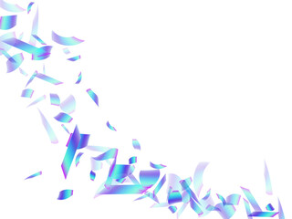 Bright party confetti scatter vector background. Blue  hologram particles festival vector. Cracker poppers flying confetti. Holiday celebration decor illustration. Fun greeting.