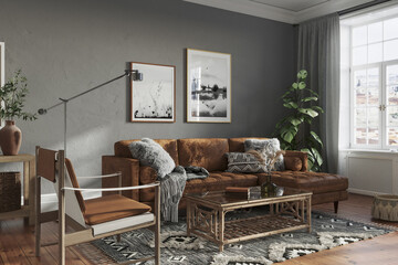 Dark scandinavian interior of the living room with gray walls, cozy furniture, leather sofa, armchair, hardwood flooring. Mockup concept, 3d rendering