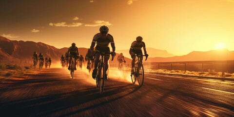 Fototapeta na wymiar A group of cyclists at sunset