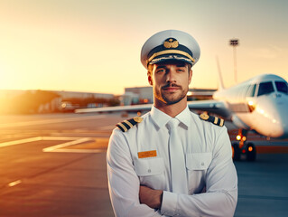  portrait photo, a young handsome pilot in a white uniform and hat, with sunglasses, is standing in the airport with an airplane in the background, exemplifying the profession and people concept.