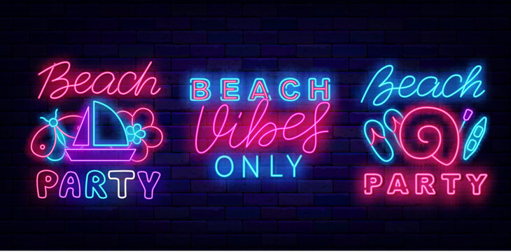 Beach party neon labels collection. Beach vibes only. Light advertising. Boat, shell and butterfly. Vector illustration