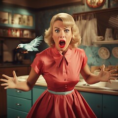 Stereotypical midcentury American housewife in a fit of hysterics - obrazy, fototapety, plakaty