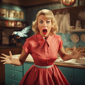 Stereotypical midcentury American housewife in a fit of hysterics