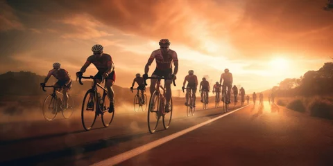 Rolgordijnen A group of cyclists at sunset © cherezoff