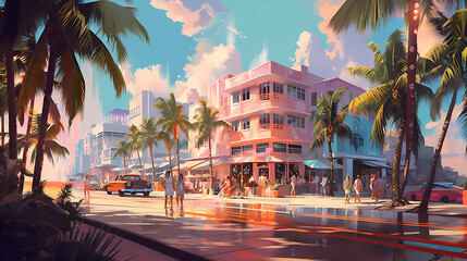 Fototapeta premium Illustration of a sunny day in an American resort town