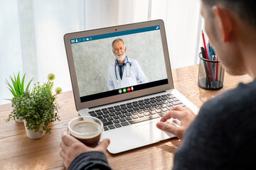 Fototapeta na wymiar Doctor video call online by modish telemedicine software application for virtual meeting with patient