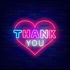 Thank you neon lettering signboard. Heart frame. Greeting card with gratitude. Glowing banner. Vector stock illustration
