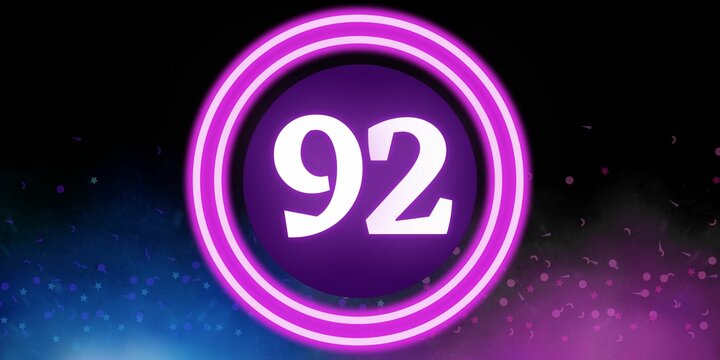 Number 92. Banner with the number ninety two on a black background and blue and purple details with a circle purple in the middle